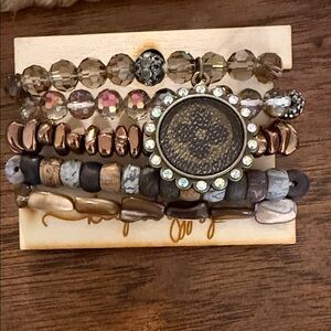 LV Upcycled Keep It Gypsy Bohemian Beaded Bracelet Stack with LV Pendant.